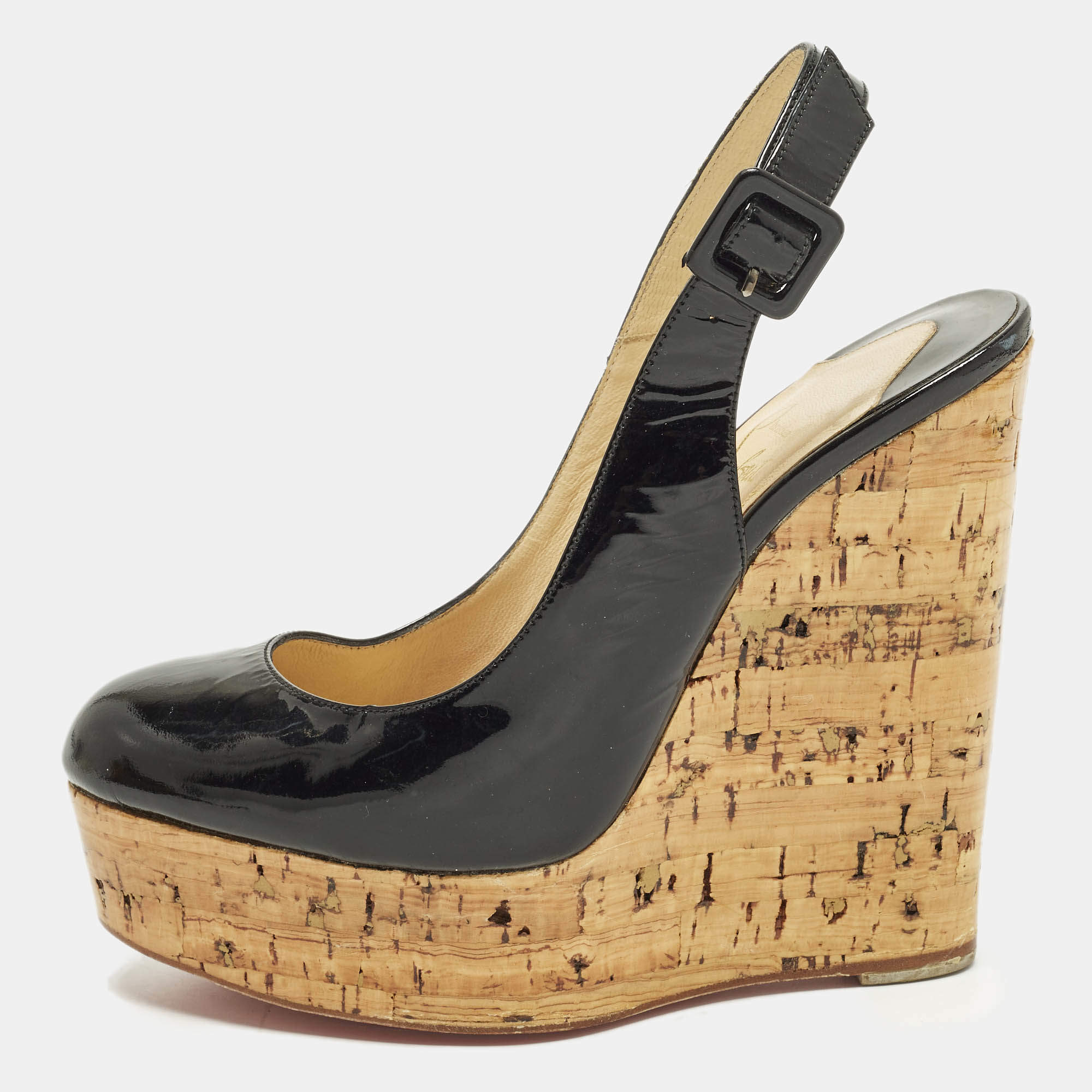 Pre Owned Christian Louboutin Une Plume Size 36 Black Patent Leather Wedge Pumps