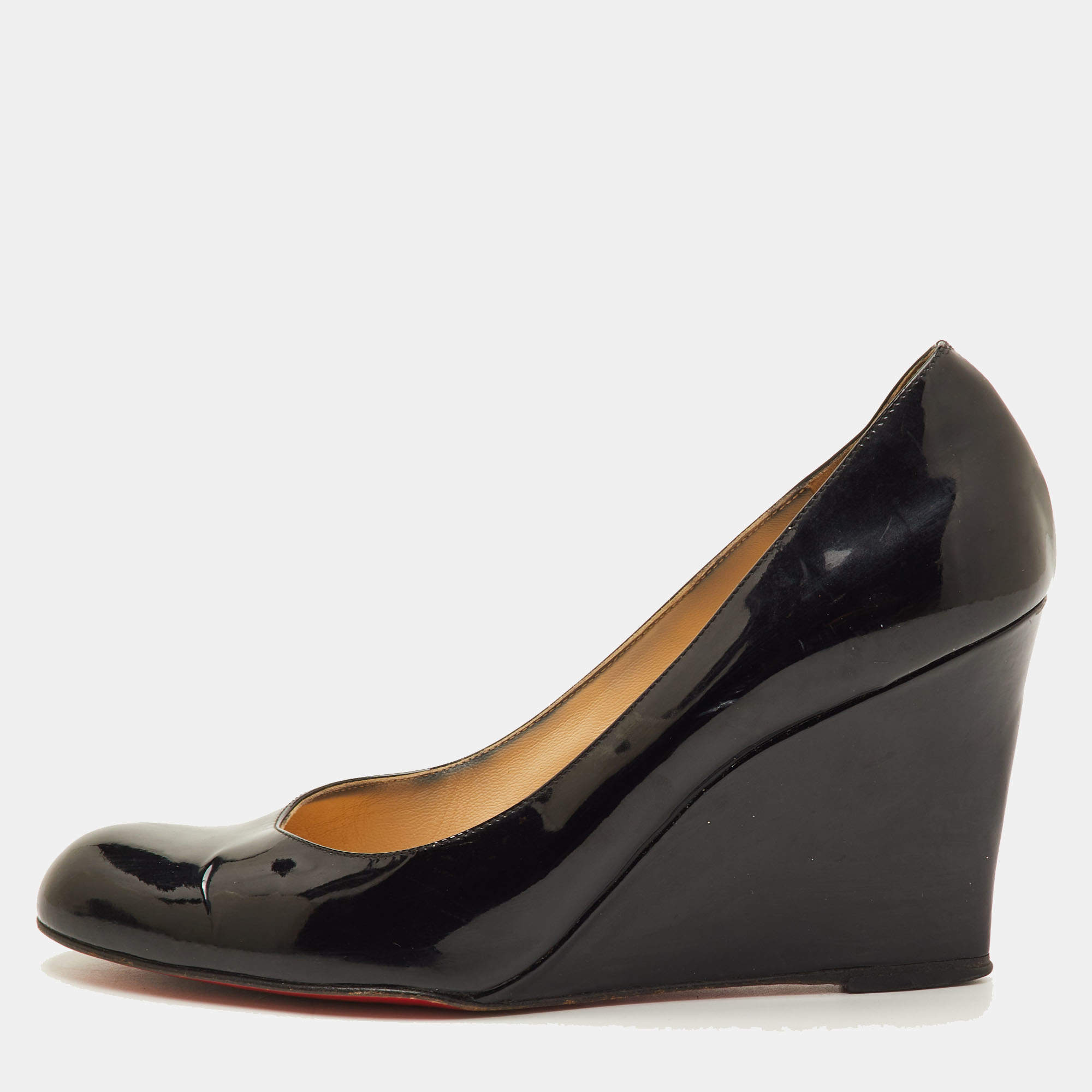Pre Owned Christian Louboutin Ron Ron Size 38 Black Patent Leather Wedge Pumps