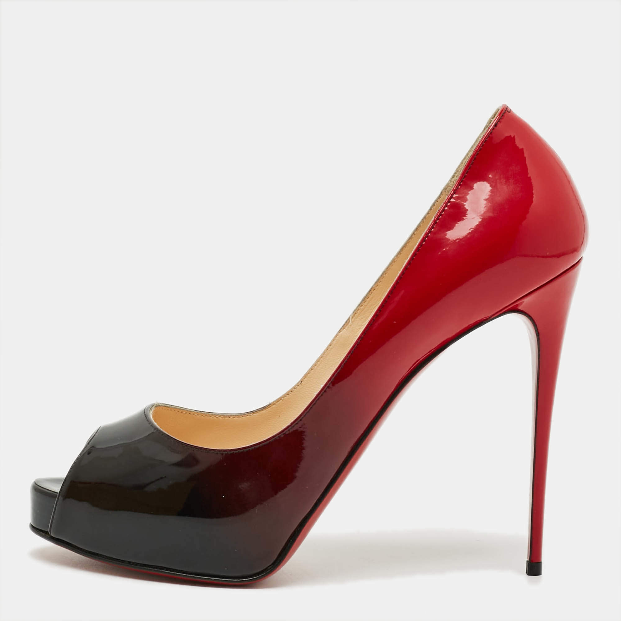 Pre Owned Christian Louboutin Lady Peep Size 38.5 Black/Red Patent Leather Peep Toe Pumps