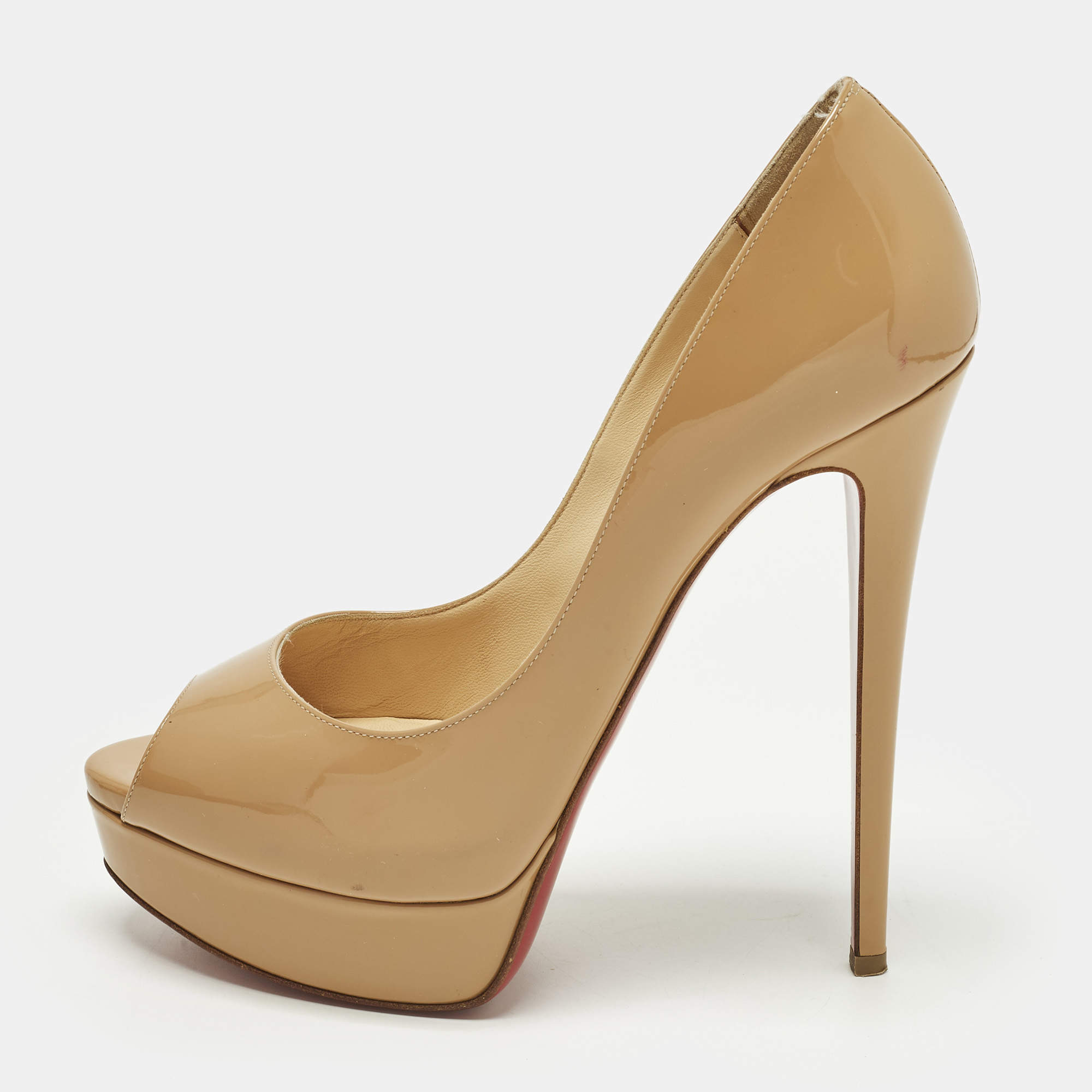 Pre Owned Christian Louboutin Lady Peep Size 39 Beige Patent Leather Platform Pumps