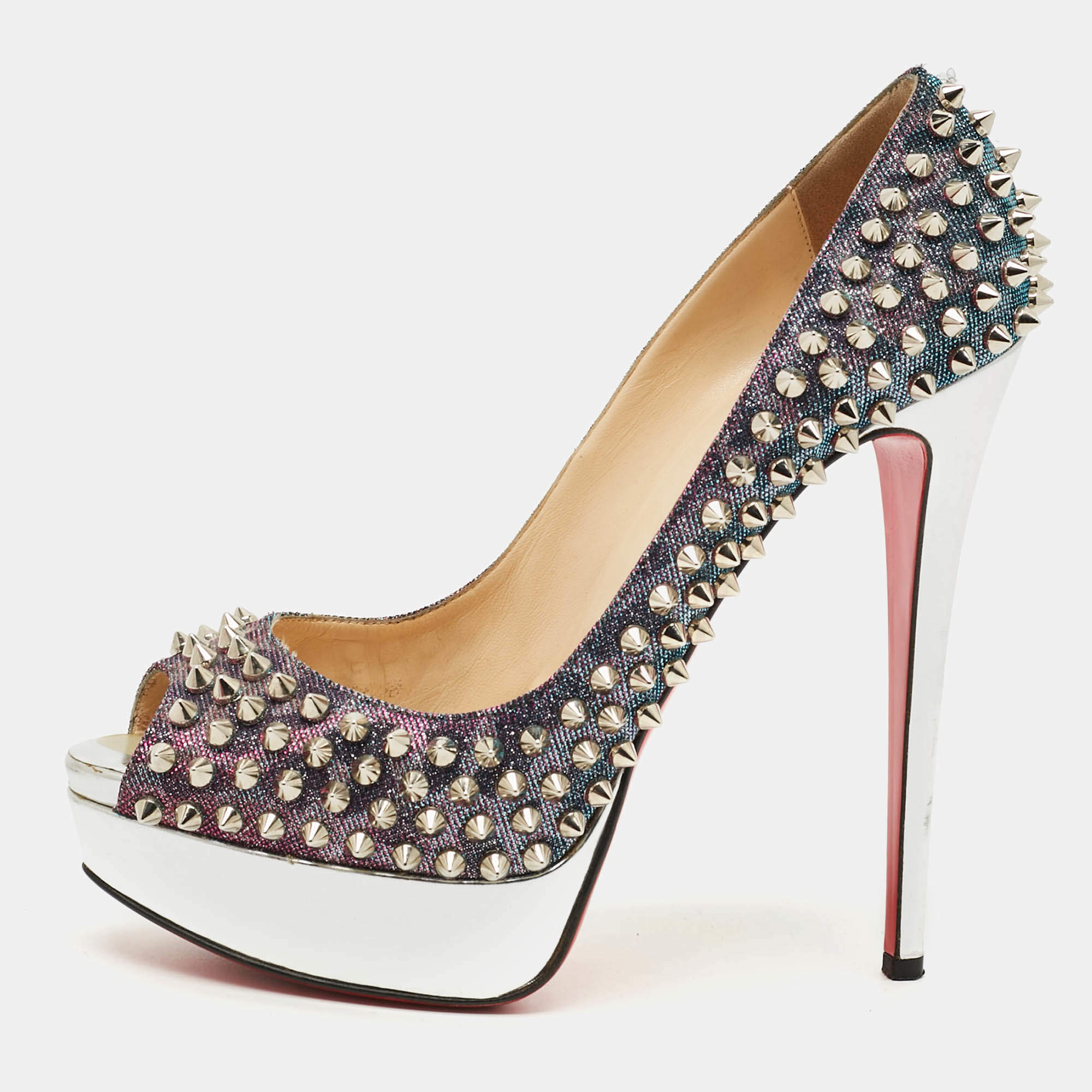 Pre Owned Christian Louboutin Lady Peep Spikes Size 39.5  Two Tone Lurex Fabric Platform Pumps