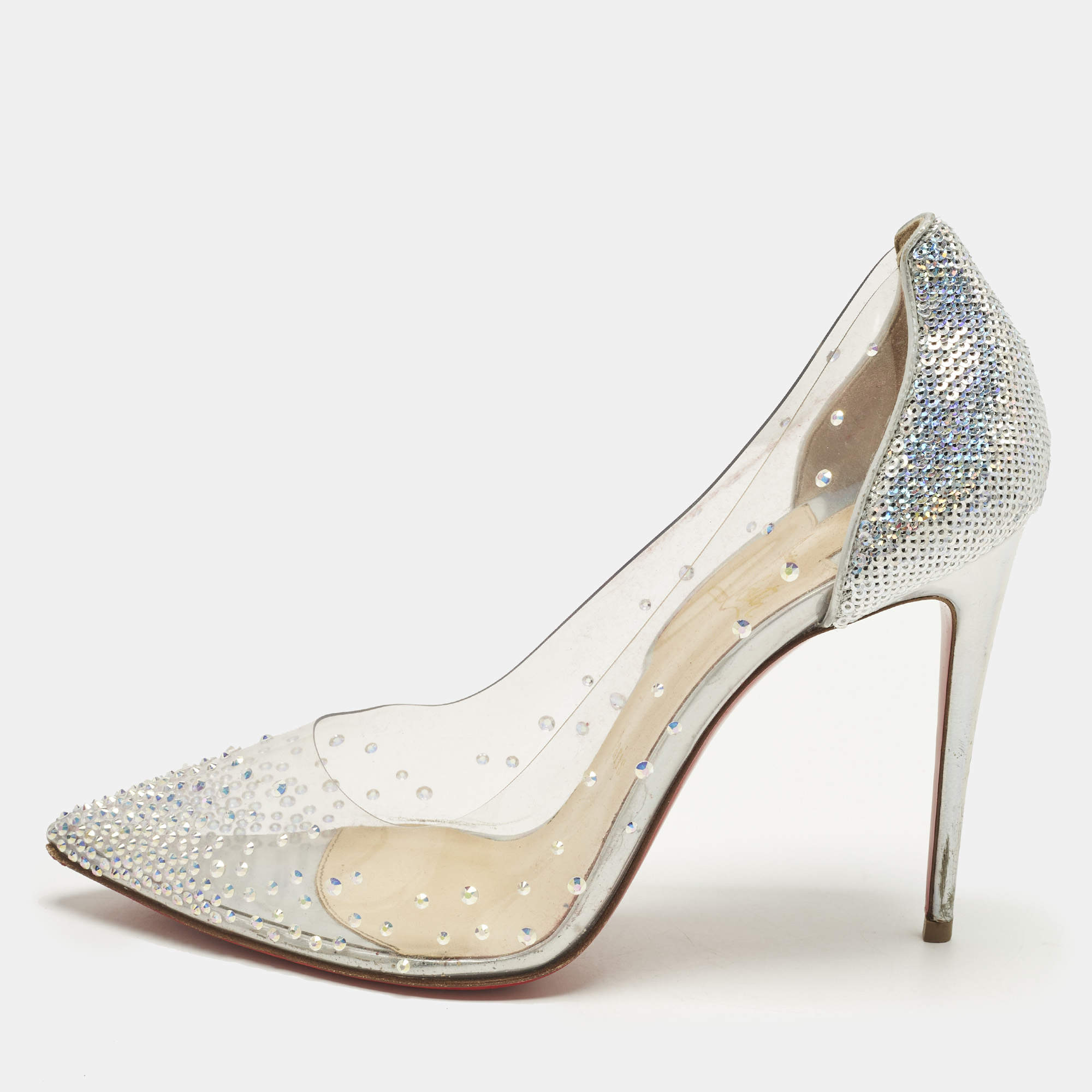Pre Owned Christian Louboutin Degrastrass Size 38.5 Silver PVC And Sequins Pumps
