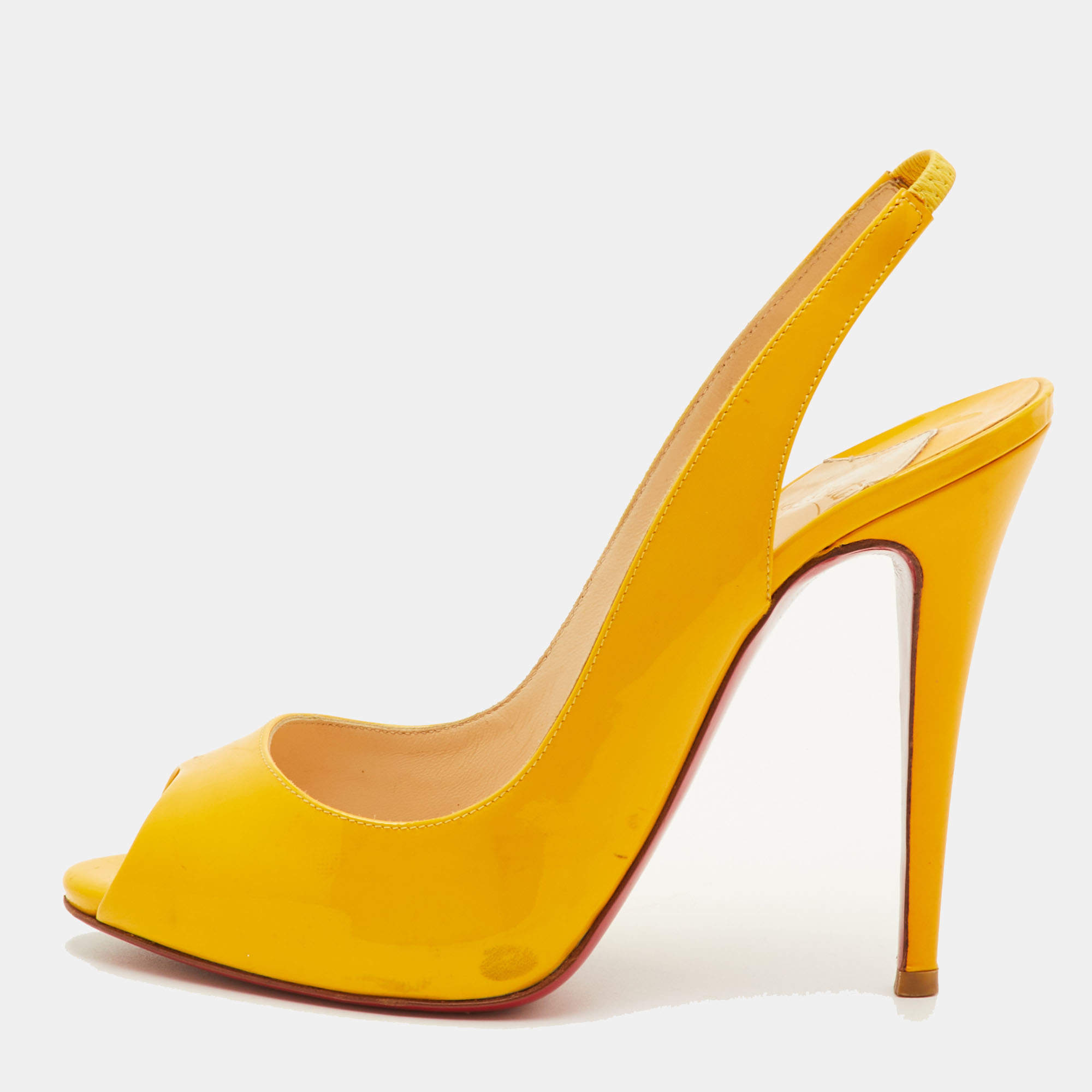 مملوكة مسبقًا صندل كريستيان لوبوتان برايفت نمبر جلد لامع أصفر مقدمة مفتوحة بحزام للكاحل مقاس 39