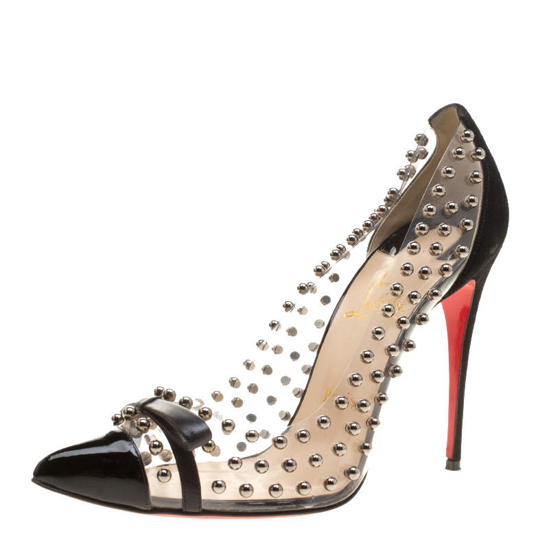 Christian Louboutin Black Studded PVC and Suede Bille Et Boule Bow Pointed Toe Pumps Size 40.5