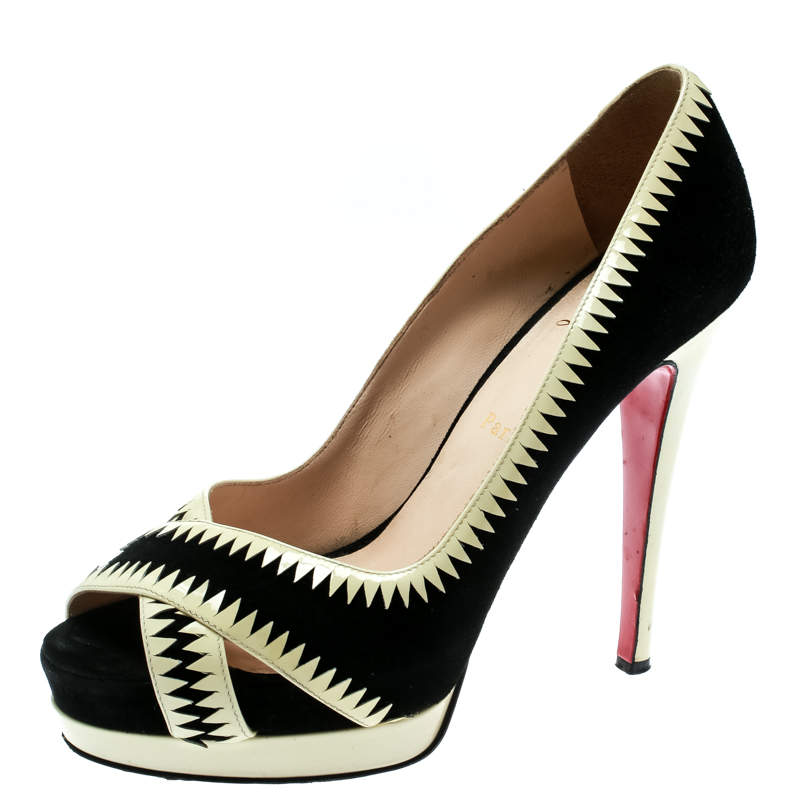 Christian Louboutin Black Suede And Cream Patent Leather Peep Toe Platform Pumps Size 39