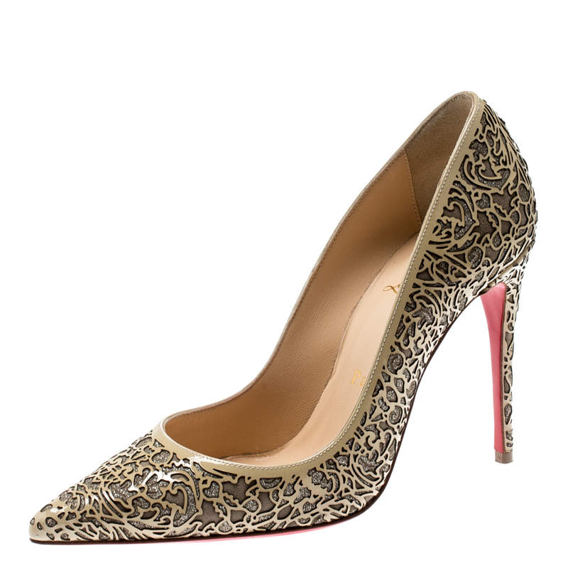 Pre Owned Christian Louboutin Beige Laser Cut Patent Leather And Glitter So Pretty Pointed Toe Pumps Size 36