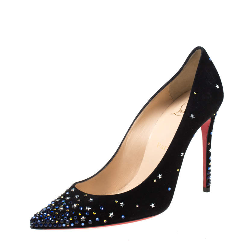 Christian Louboutin Black Suede Crystal Star Embellished Gravitanita Pointed Toe Pumps Size 37.5