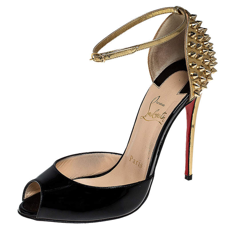 Christian Louboutin Black/Gold Patent Leather Pina Peep Ankle Strap Sandals Size 36.5 Christian Louboutin | TLC