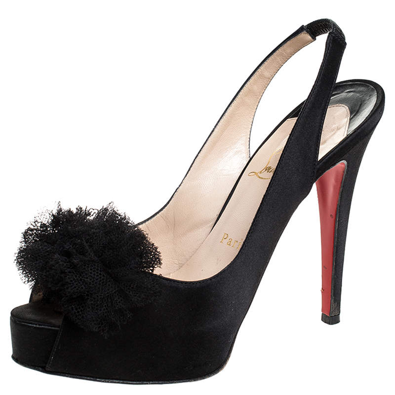 Pre Owned Christian Louboutin Black Satin Private Number Peep Toe Slingback Sandals Size 39