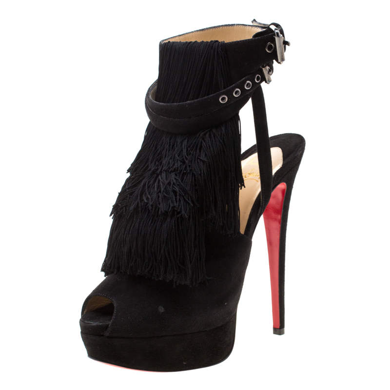 Pre Owned Christian Louboutin Black Suede Change Of The Guard Cross Strap Ankle Sandals Size 38