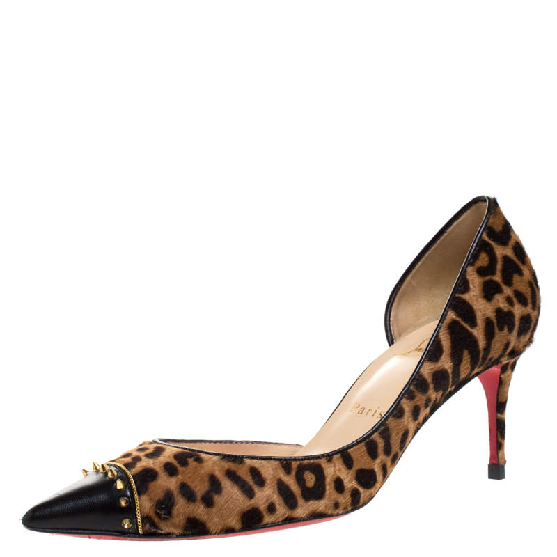 Pre Owned حذاء كعب عالي كريستيان لوبوتان "كولتوريلا" نصف قصه دورساي جلد و جلد عجل مطبوع نقشة الفهد أسود مقاس 37.5