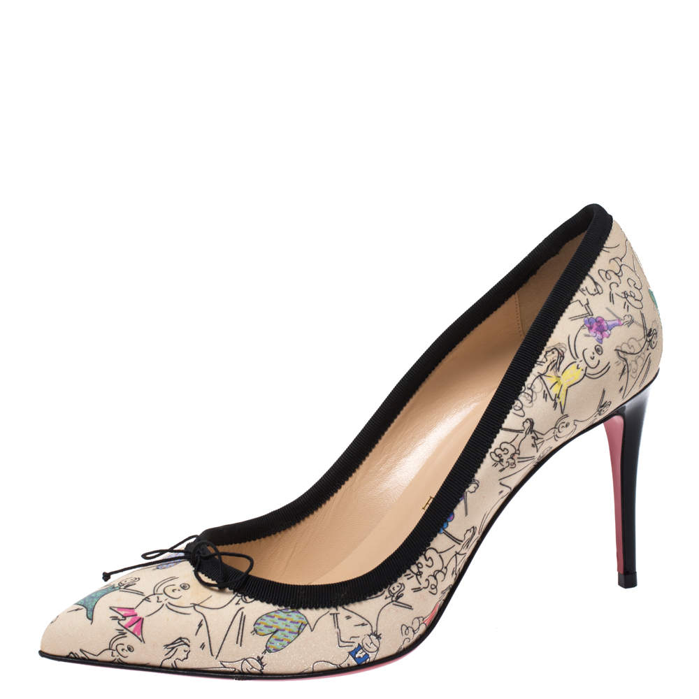 Pre Owned Christian Louboutin Multicolor Printed Satin Solasofia Pointed Toe Pumps Size 38.5