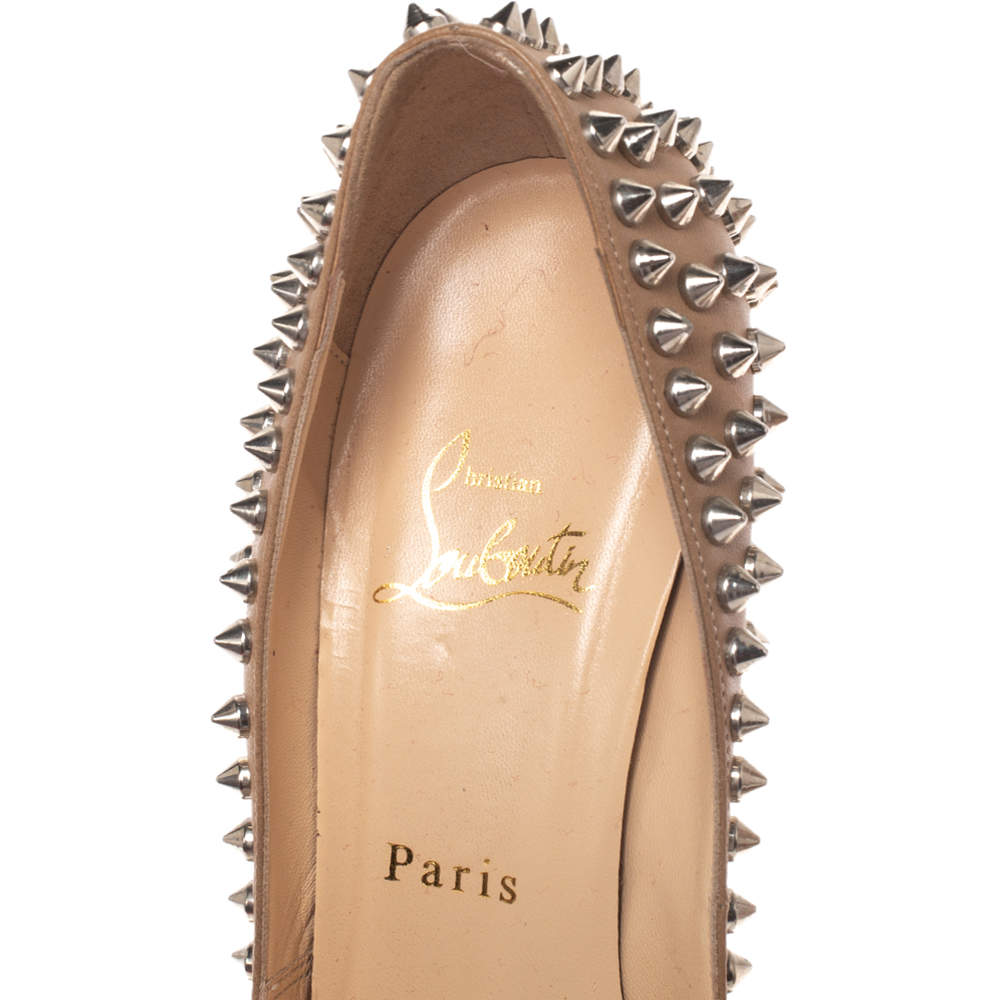 Christian Louboutin Beige Leather Yolanda Spikes Peep Toe Pumps Size 36.5  For Sale at 1stDibs