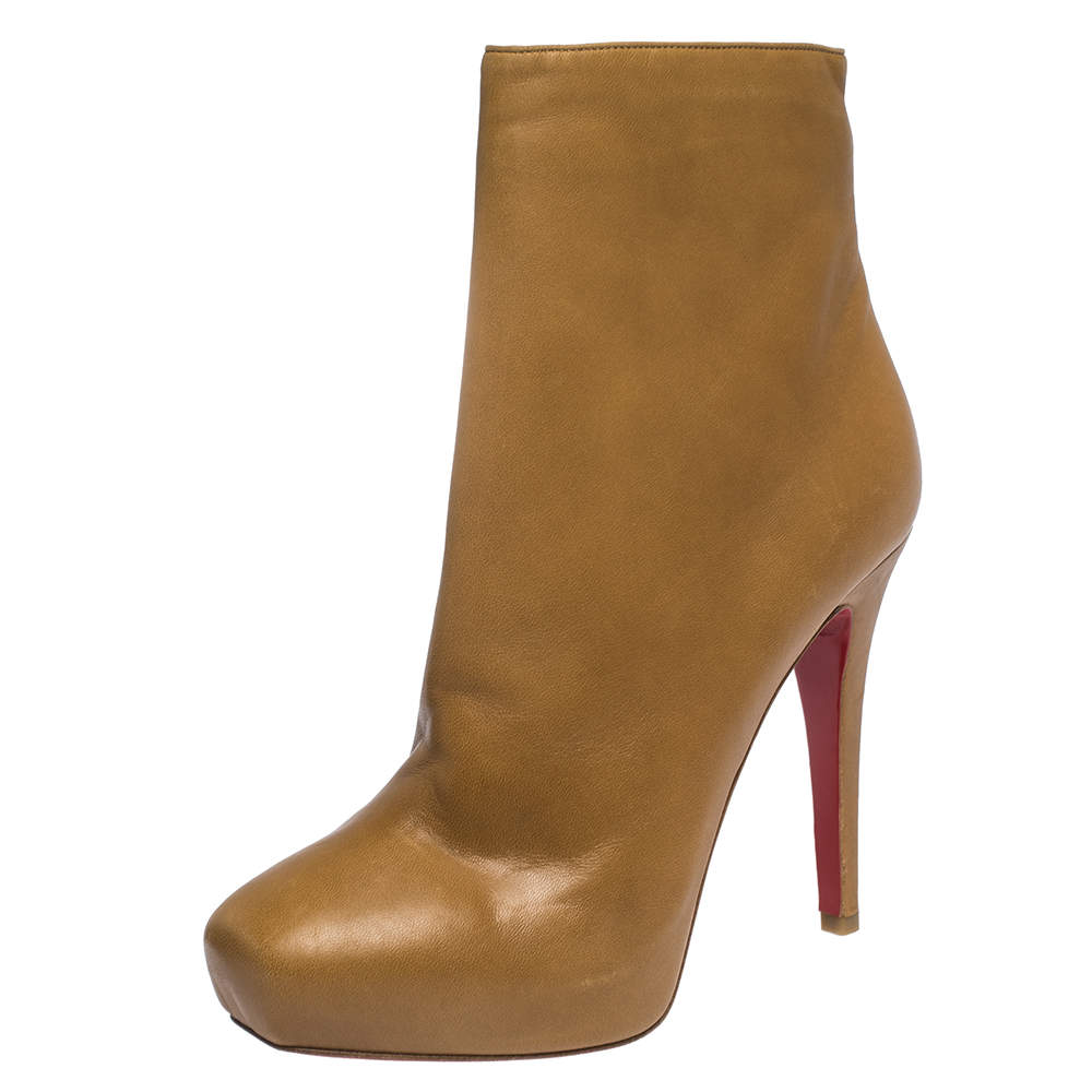 مملوكة مسبقًا Christian Louboutin Tan Leather Platform Square Toe Ankle Boots Size 37