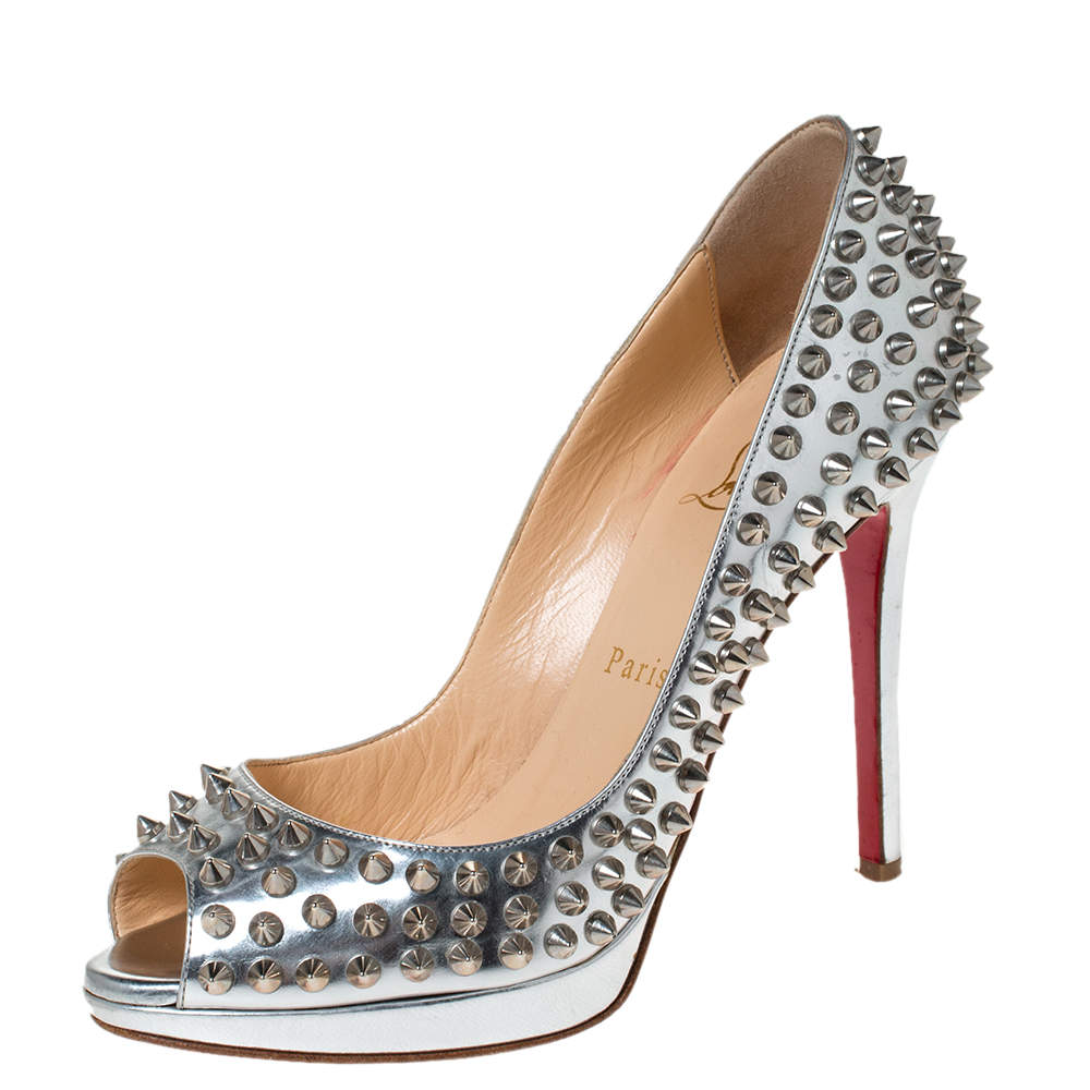 Christian Louboutin Silver Leather Yolanda Spikes Peep Toe Pumps