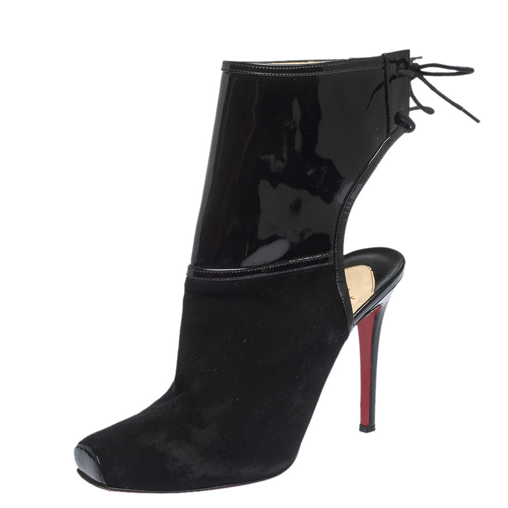 Pre Owned Christian Louboutin Black Suede And Patent Leather Jos Style Ankle Booties Size 39