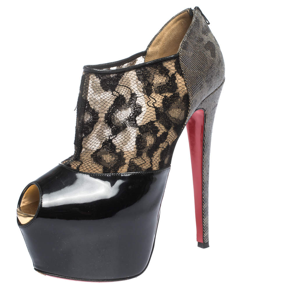 Christian Louboutin Black Leopard Print Lamé Fabric and Patent Leather Aeronotoc Peep Toe Platform Booties Size 38
