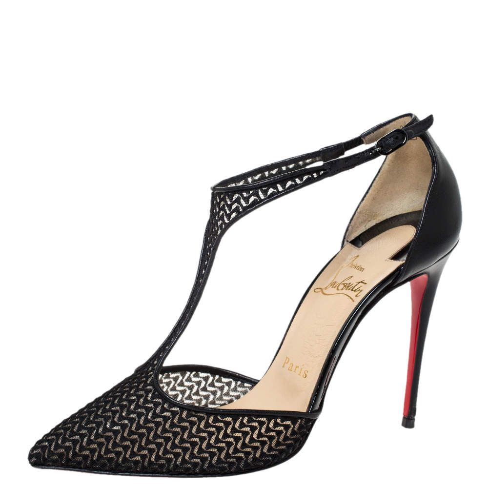 مملوكة مسبقًا Christian Louboutin Black Lace T-Strap Salonu Pumps Size 36.5