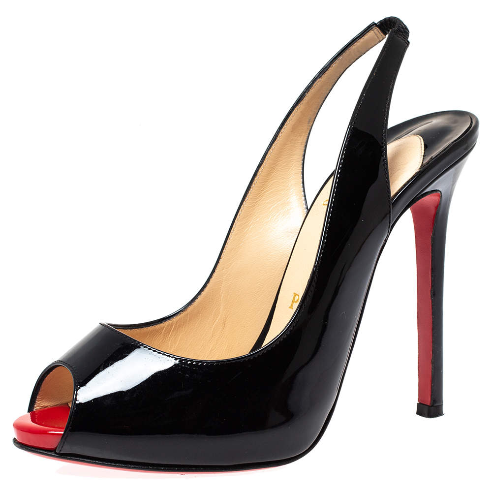 Christian Louboutin Black Patent Leather Flo Sling Peep Toe Sandals Size 36.5