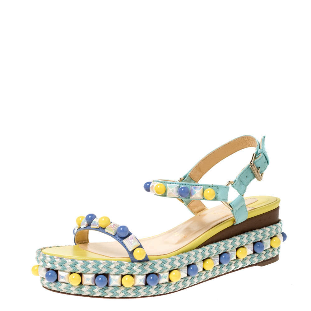 مملوكة مسبقًا Christian Louboutin Multicolor Leather Cataconico Embellished Platform Ankle Strap Sandals Size 37