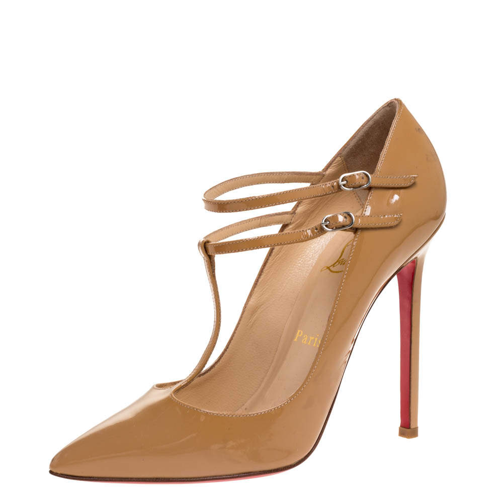 Pre Owned Christian Louboutin Beige Patent Leather V Neck Double Buckle Pumps Size 37.5