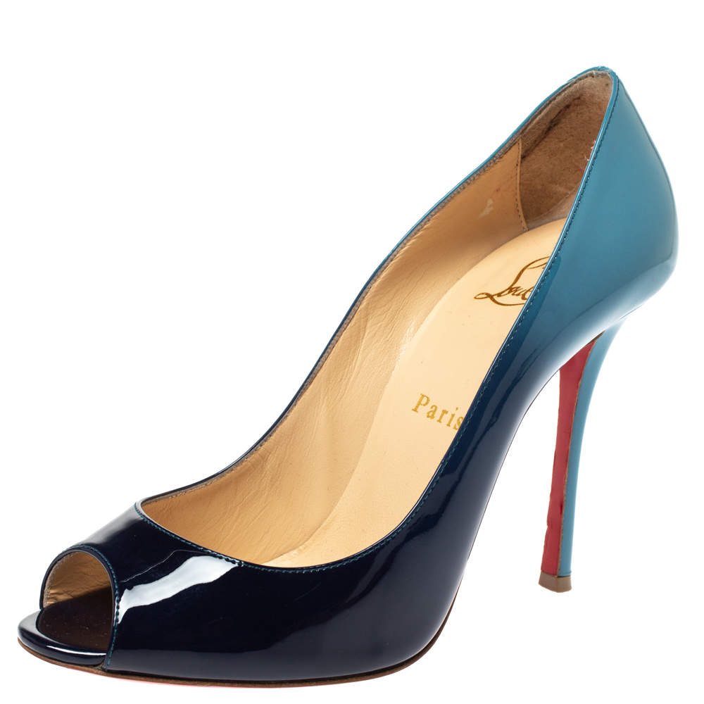 Pre Owned Christian Louboutin Two Tone Patent Leather Yootish Peep Toe Pumps Size 38