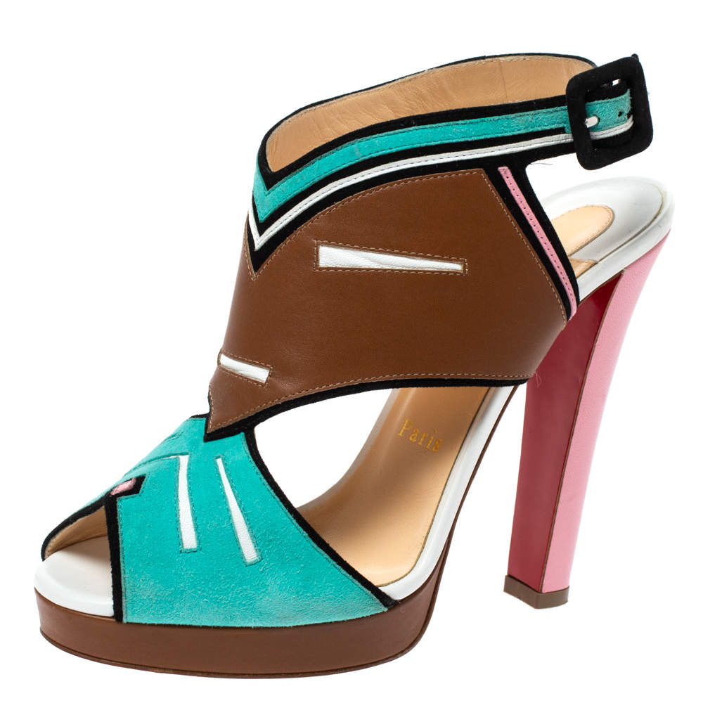 مملوكة مسبقًا Christian Louboutin Multicolor Suede And Leather Azuniraco Platform Slingback Sandals Size 38.5