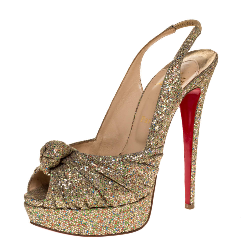 Christian Louboutin Multicolor Glitter Fabric Jenny Knotted Slingback Sandals Size 39