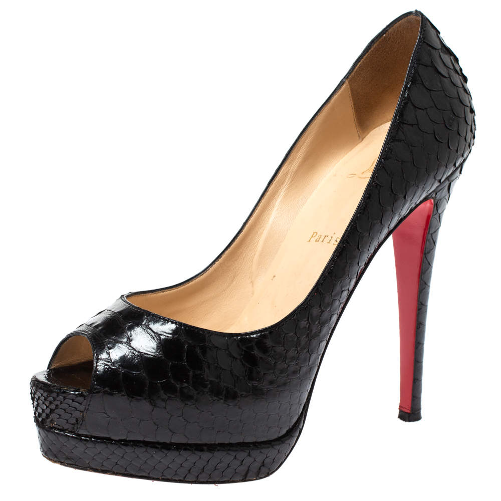 Christian Louboutin Black Python Leather AltaDama Peep Toe Pumps Size ...