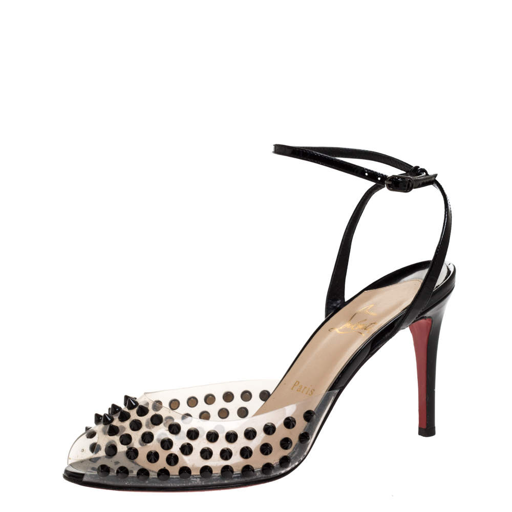 Christian Louboutin Black Patent Leather and PVC Spiked Ankle Strap Sandals Size 39.5