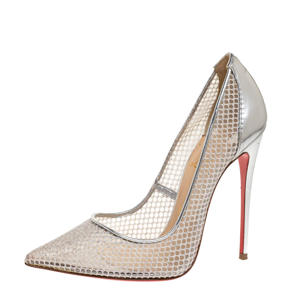 Christian Louboutin Silver Mesh Follies Resille Pointed Toe Pumps Size 38