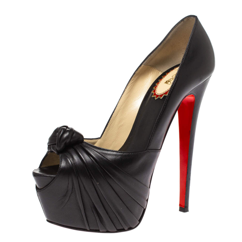 حذاء كعب عالى كريستيان لوبوتان مقدمة مفتوحة عقدة ليدى غريس جلد أسود مقاس 38.5 