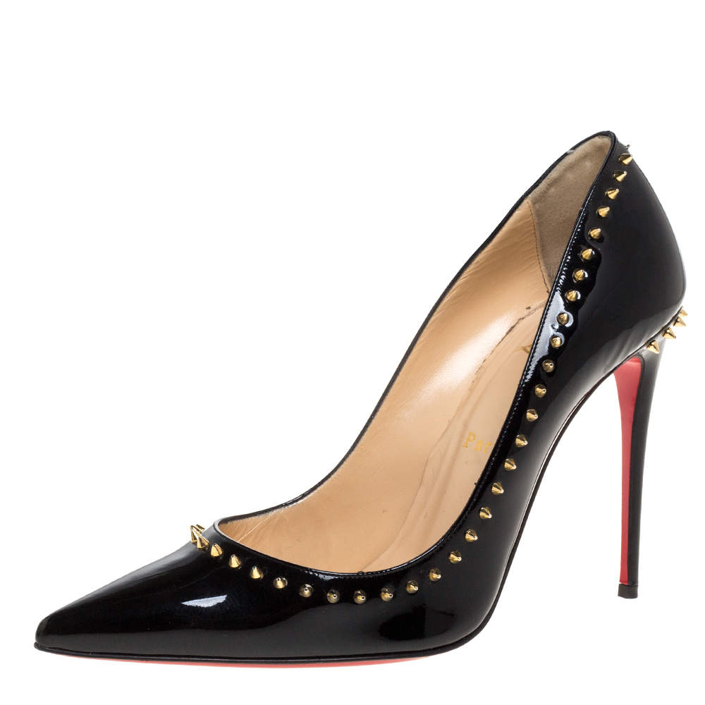 Christian Louboutin Black Studded Patent Leather Anjalina Pointed Toe Pumps Size 38.5