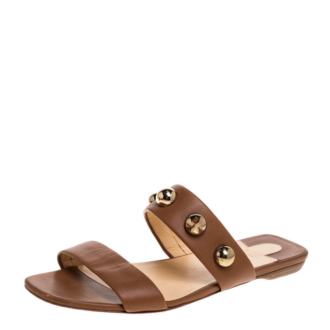 Pre Owned Christian Louboutin Brown Leather Simple Bille Flat Sandals Size 38.5
