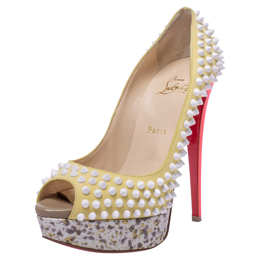 Pre Owned Christian Louboutin Multicolor Lady Peep Toe Spikes Platform Pumps Size 39