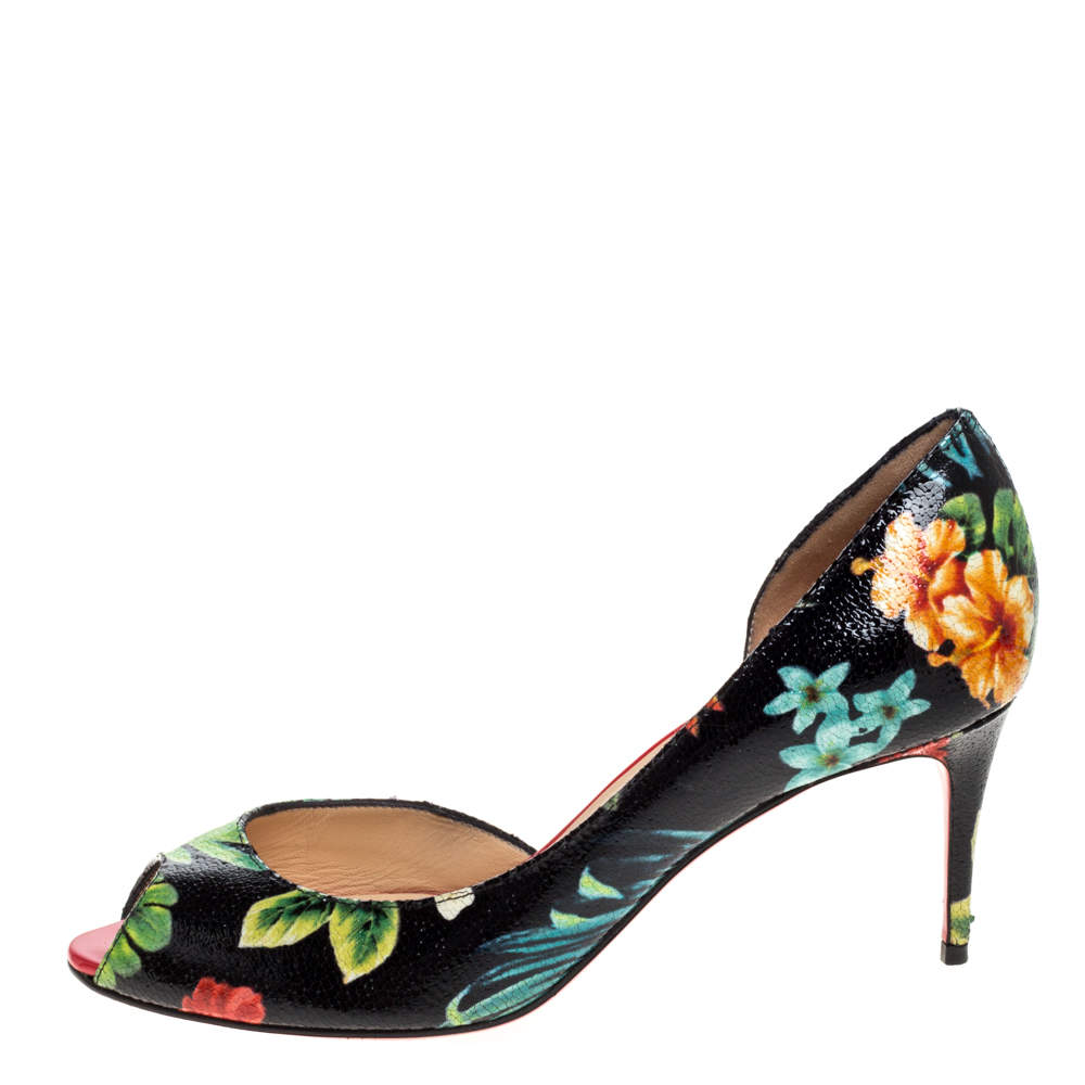 مملوكة مسبقًا Christian Louboutin Multicolor Hawaii Print Crackled Texture Leather Demi You D'Orsay Pumps Size 38