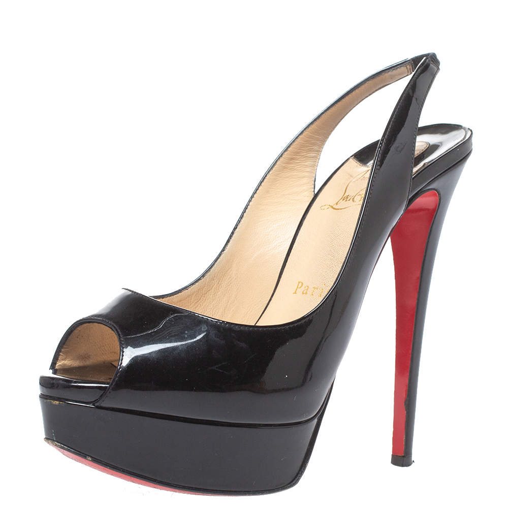 Christian Louboutin Black Patent Leather Lady Peep Toe Slingback Platform Sandals Size 37.5