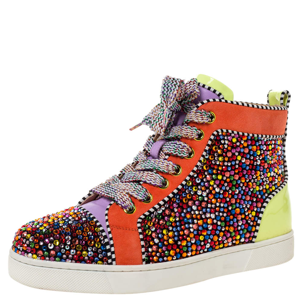 Christian Louboutin Multicolor Crystal Embellished Suede And Patent Leather Louis High Top Sneakers Size 35