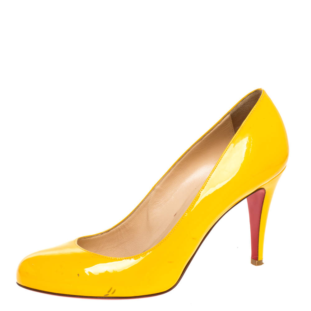Pre Owned Christian Louboutin Yellow Patent Leather Simple Pumps Size 39.5 