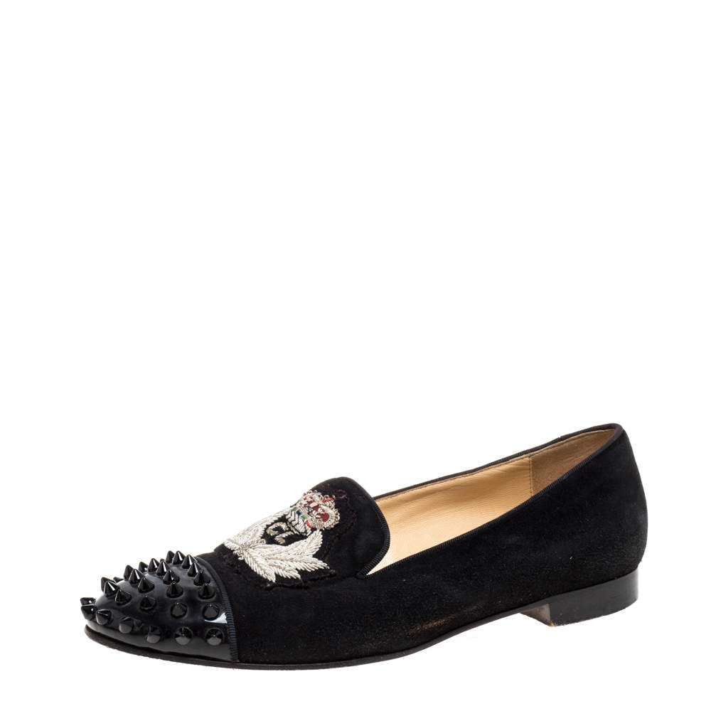 Pre Owned Christian Louboutin Black Suede Harvanana Spiked Smoking Slippers Size 37