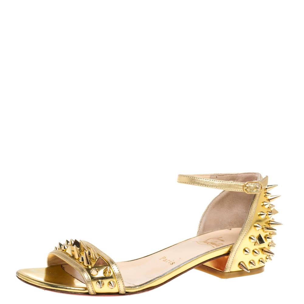 Pre Owned Christian Louboutin Gold Leather Spiked Open Toe Ankle Strap Sandals Size 35.5