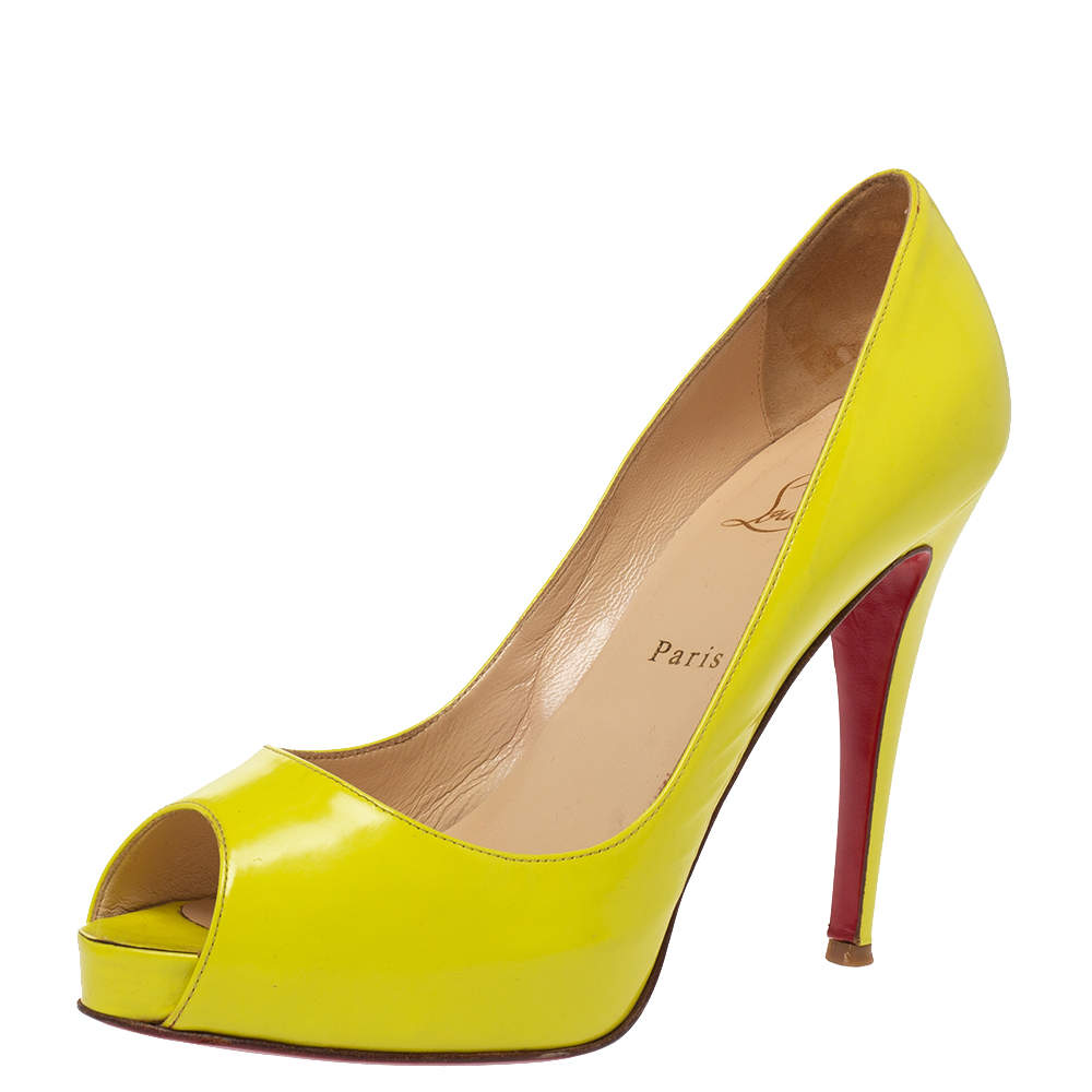 Pre Owned Christian Louboutin Neon Yellow Patent Leather Very Prive Peep Toe Pumps Size 40