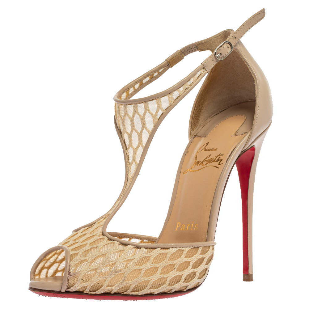 Christian Louboutin Beige Mesh And Leather Salonu Peep Toe Sandals Size ...