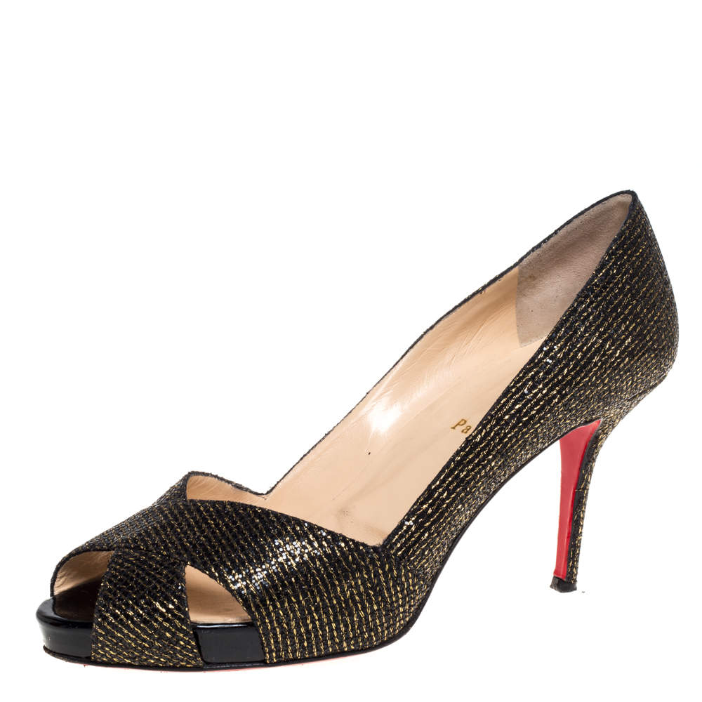 Christian Louboutin Black/Gold Glitter Fabric Shelley Platform Peep Toe Pumps Size 41