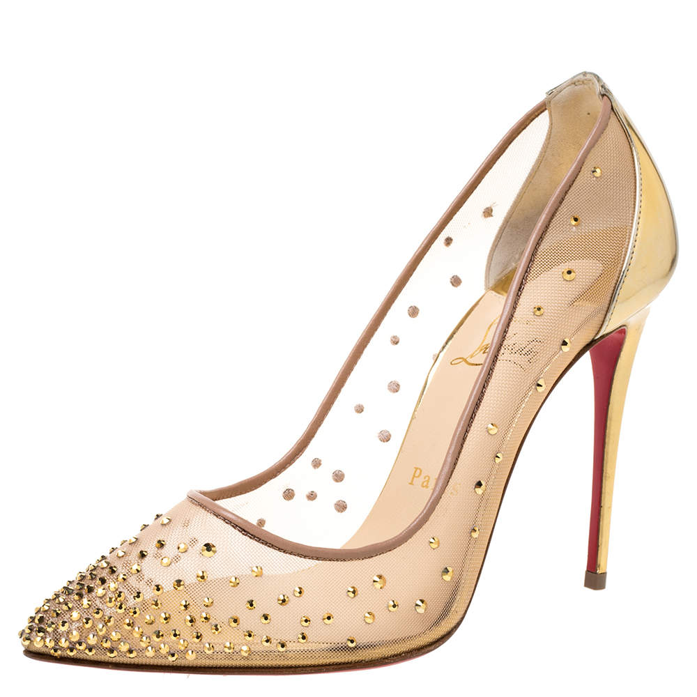 حذاء كعب عالي كريستيان لوبوتان فولي ستراس شبكة ذهبي وجلد مقدمة مدببة مقاس 37.5