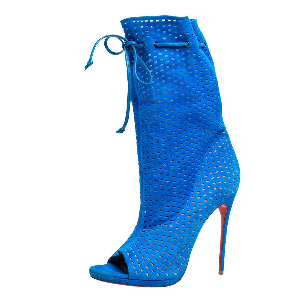 مملوكة مسبقًا Christian Louboutin Light Blue Perforated Suede Jennifer Wrap Boots Size 41