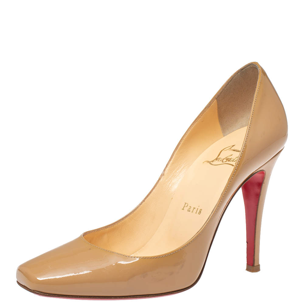 Pre Owned Christian Louboutin Beige Patent Leather Particule Square Toe Pumps Size 37