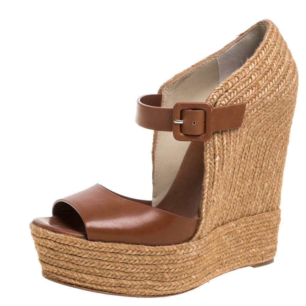 مملوكة مسبقًا Christian Louboutin Brown Leather And Jute Praia Wedge Espadrille Platform Ankle Strap Sandals Size 39