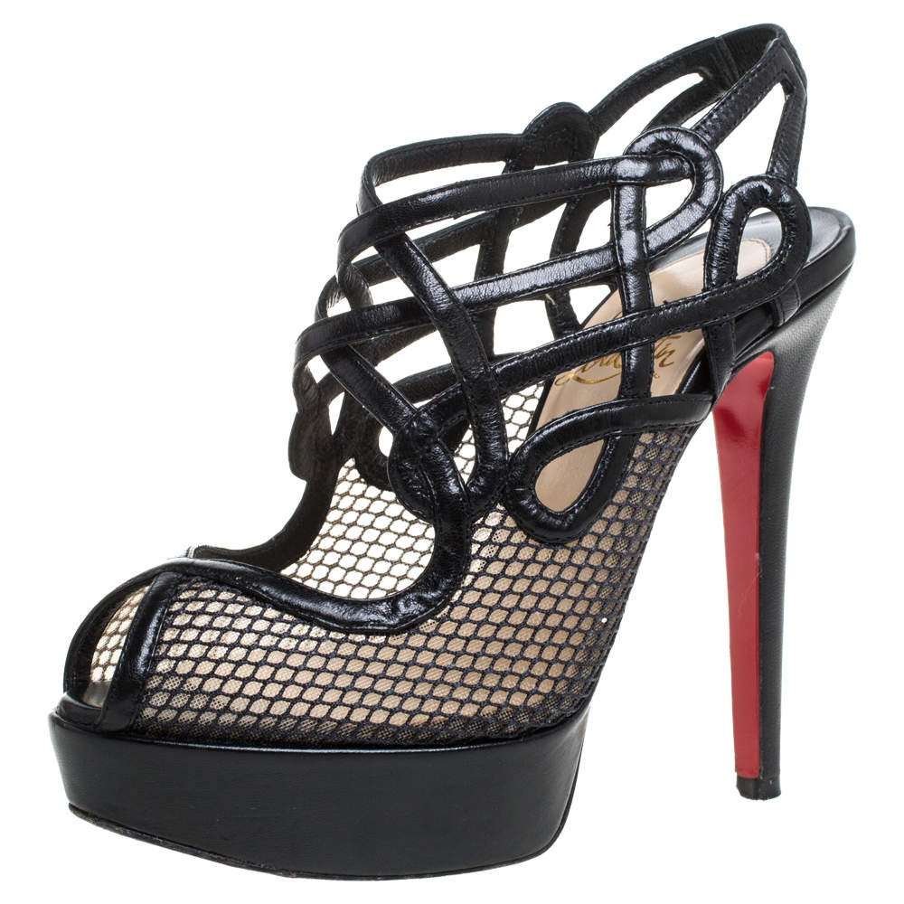 Pre Owned Christian Louboutin Black Leather And Mesh Strappy Platform Slingback Sandals Size 34.5