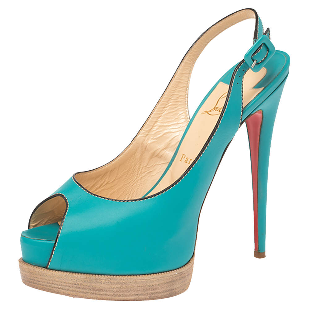 Christian Louboutin Turqouise Leather Peep Toe Platform Slingback Sandals Size 40